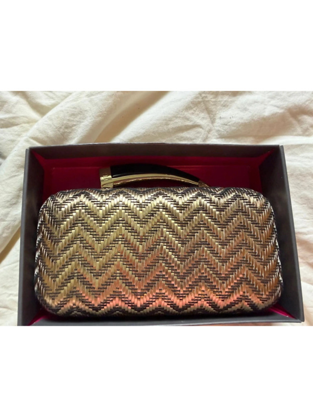 Vince Camuto Limited Release Metallic Woven Raffia Zigzag Clutch With Black Horn